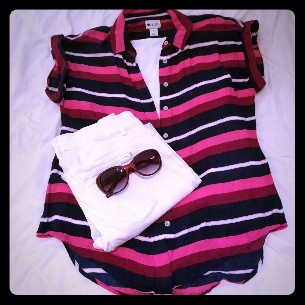 STYLUS navy and pink striped shirt.